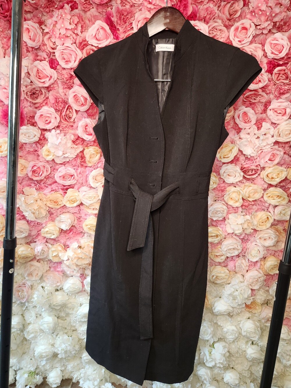 Calvin Klein Black Cap-Sleeve Belted Sheath Midi Dress